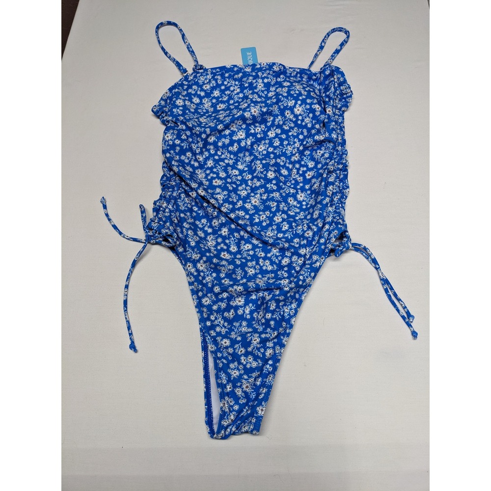 Yonique Womens Blue Floral Ruched One‎ Piece Swimsuit Size L New With Tags